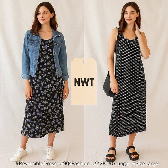 NWT Impressions Reversible Floral & Polka Dot Dress Size L Y2K Grunge - Picture 1 of 9